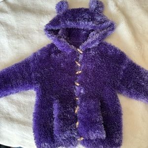 Kids Hand Knit Sweater Fuzzy Purple 8 yr and up Hooded with teddy ears & pockets